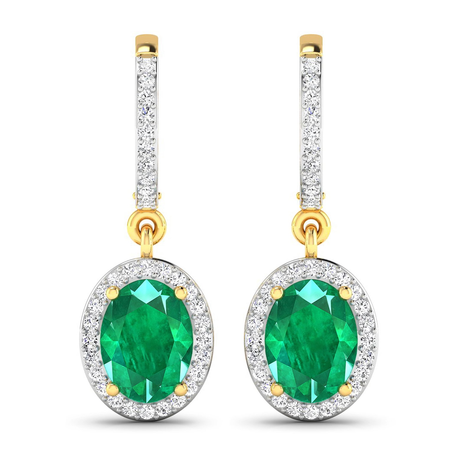 14KT Yellow Gold 2ctw Zambian Emerald and Diamond Earrings: Zambian Emerald (AA) Oval 8x6mm - 2Pcs + White Diamond F/C Round 1.00mm - 70Pcs ( Clip On ) ( White Pan Rhodium ) ( I1-I2/I color ) Total weight of gemstones is 2cts. Total Diamond weight is 0.32cts. 