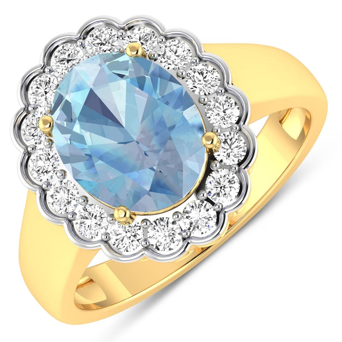 14KT Yellow Gold 1.9ctw Aquamarine and Diamond Ring: Aquamarine (AA+) Oval 10x8mm - 1Pc + White Diamond F/C Round 2.00mm - 16Pcs ( White Pan Rhodium ) ( SI-2/HI ) Total weight of gemstone is 1.9cts. Total Diamond weight is 0.48cts. Total weight of this 