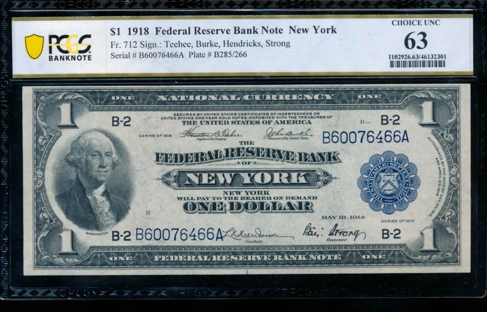 1918 $1 New York FRBN PCGS 63 (1 of 2)