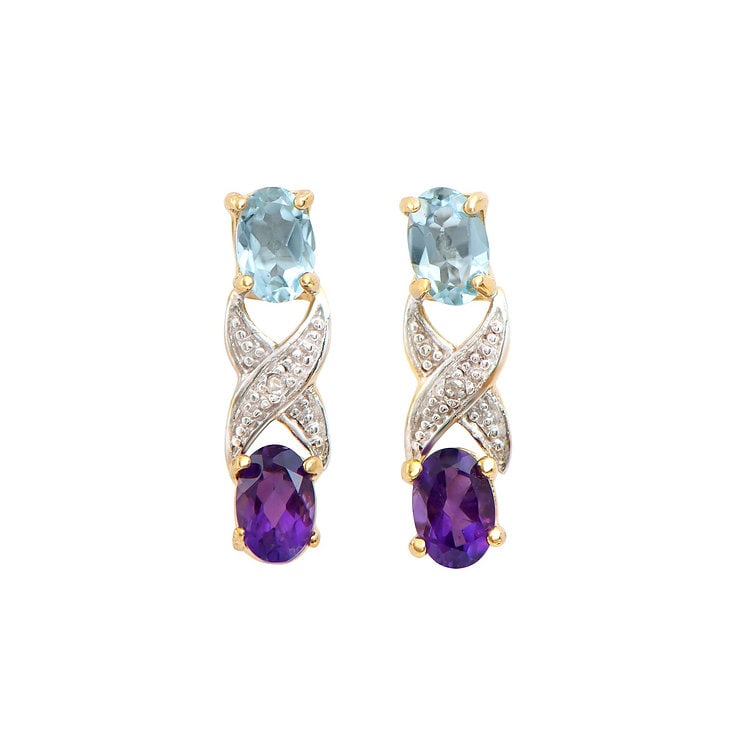 Plated 18KT Yellow Gold 1.72cts Amethyst Blue Topaz and Diamond Earrings: One pair of Plated 18KT Yellow Gold 1.72cts Amethyst Blue Topaz and Diamond Earrings. (2) Violet Amethyst stones with a total weight of 0.8cts. (2) Blue Topaz stones with a total weight of 0.9cts. (2)