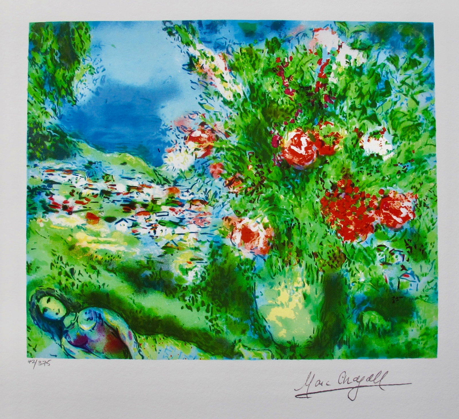 Marc Chagall PAYSAGE Limited Edition Facsimile Signed Giclee: This is a Marc Chagall limited edition small giclee titled PAYSAGE. This giclee is facsimile signed on the lower right and is pencil numbered on the lower left from an edition of 375. Paper measures 1
