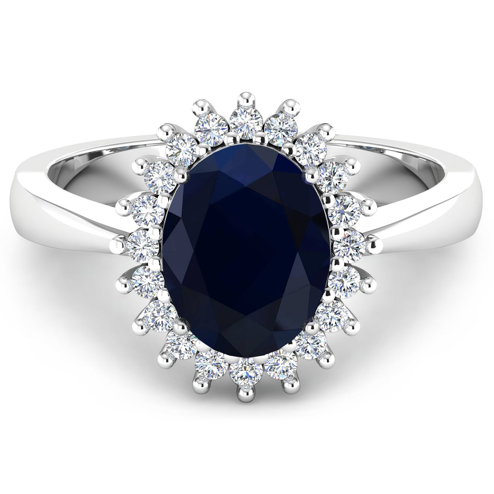 14KT White Gold 1.30ct Blue Sapphire and Diamond Ring: 1 Blue Sapphire with a total weight of 1.30cts. Blue Sapphire (AA) Oval 8x6mm - 1Pc + White Diamond F/C Round 1.40mm - 17Pcs (I1-I2/I color). 0.19cts of Diamonds. Total weight of this ring is 3.28 gra