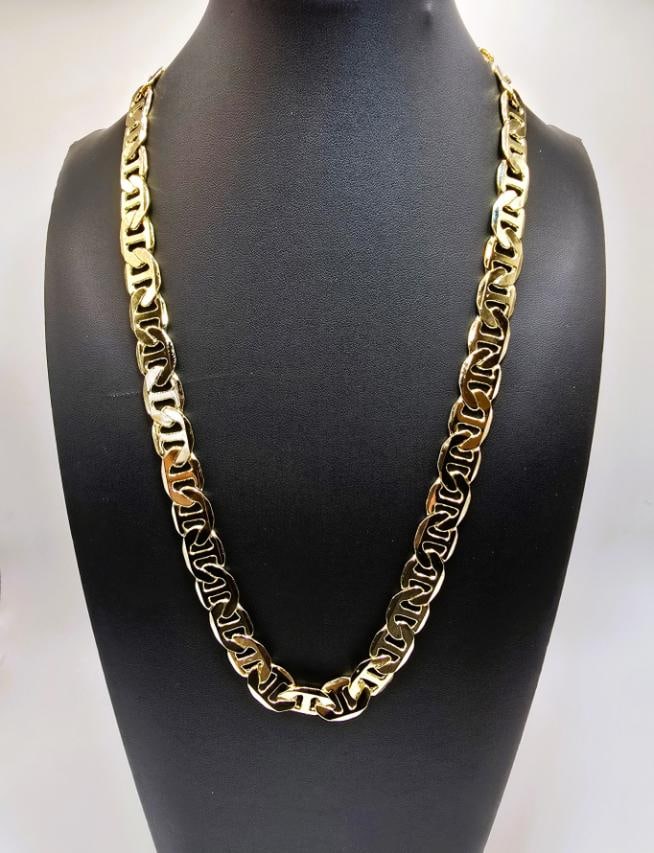Huge 80 Gram 14K Tri-Layered Yellow Gold Plate Mariners Chain Link Necklace: Huge 80 Gram 14K Tri-Layered Yellow Gold Plate Mariners Chain Link Necklace, This 14 K Stamped Mariners Chain Necklace is a fine solid diamond cut. It is 24 inches long and a healthy 12 mm. wide.