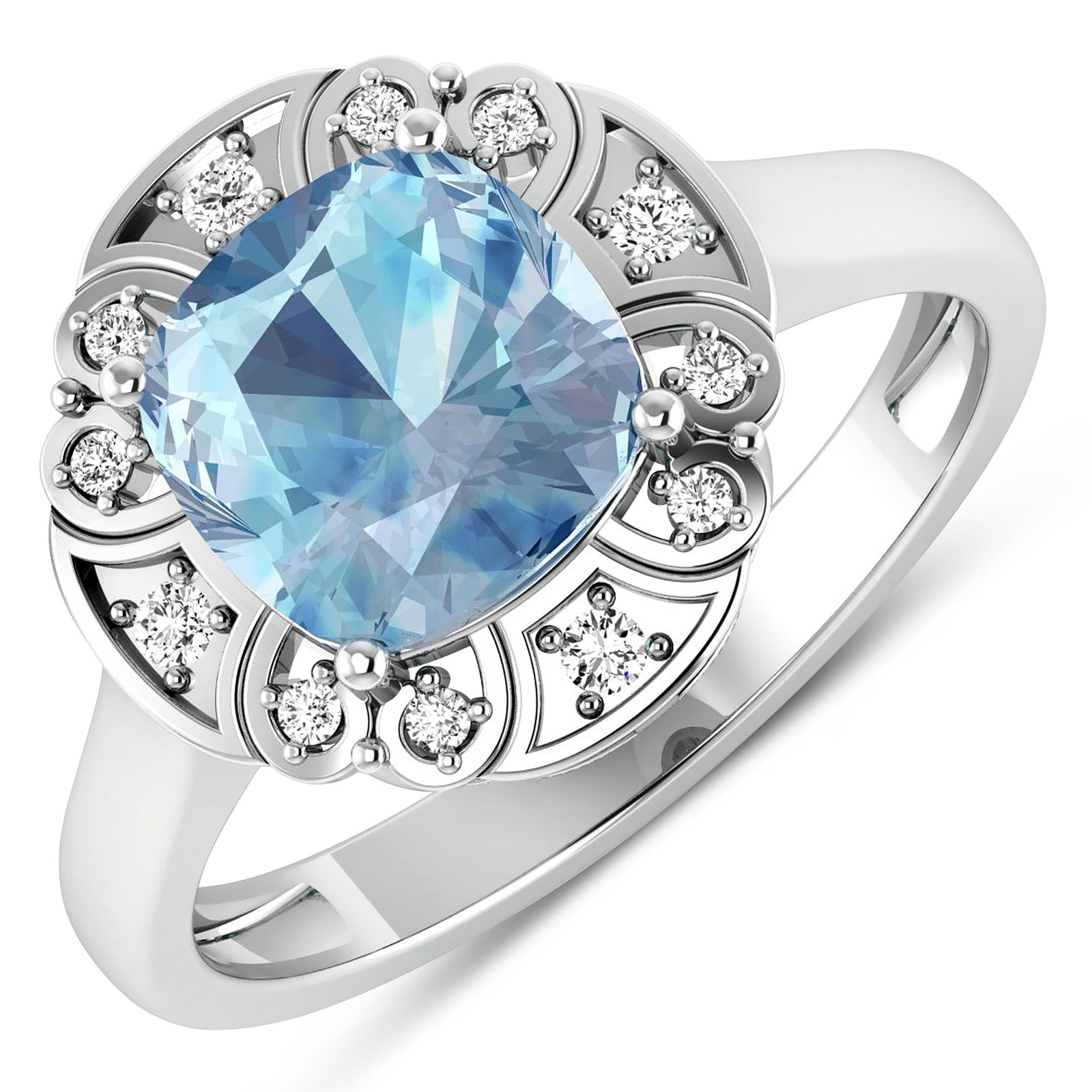 14KT White Gold 1.48ctw Aquamarine and Diamond Ring: Aquamarine (AA+) Cushion 8.00mm - 1Pc + White Diamond F/C Round 1.50mm - 4Pcs + White Diamond F/C Round 1.00mm - 8Pcs ( SI-2/HI ) Total weight of gemstone is 1.48cts. Total Diamond weight is 0.09cts. 