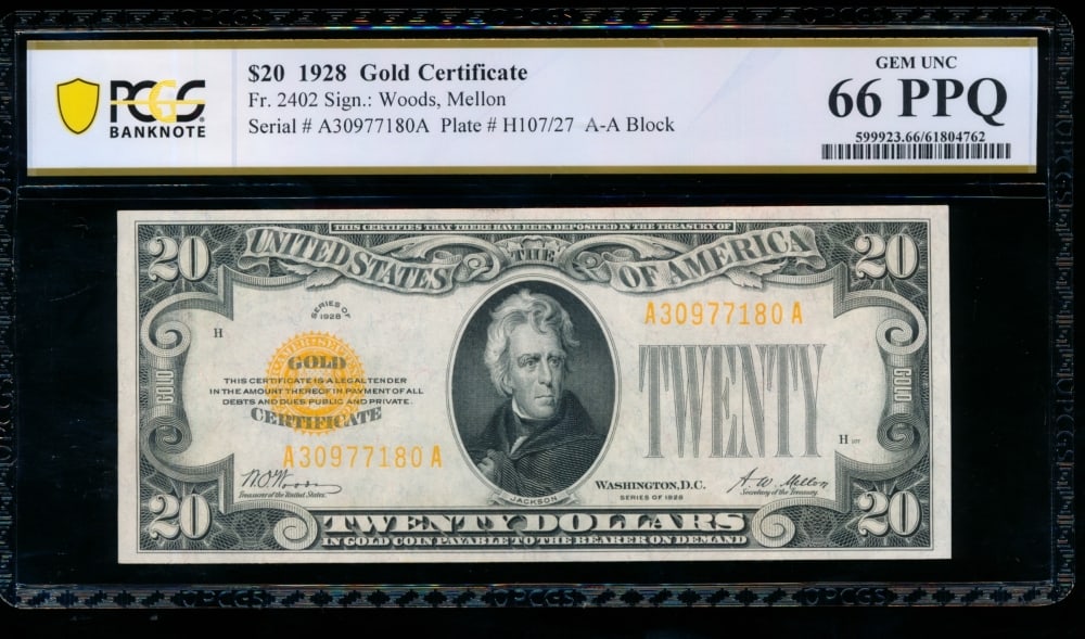 1928 $20 Gold Certificate PCGS 66PPQ (1 of 2)