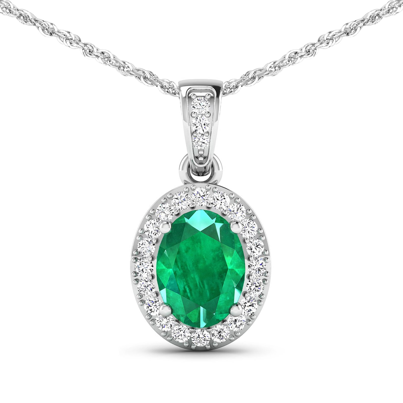 14KT White Gold 1.00ct Zambian Emerald and Diamond Pendant with Chain: 1 Zambian Emerald with a total weight of 1.00cts. Zambian Emerald (AA) Oval 8x6mm - 1Pc + White Diamond F/C Round 1.20mm - 22Pcs + White Diamond F/C Round 1.10mm - 1Pc ( I1-I2/I color). Diamonds with 
