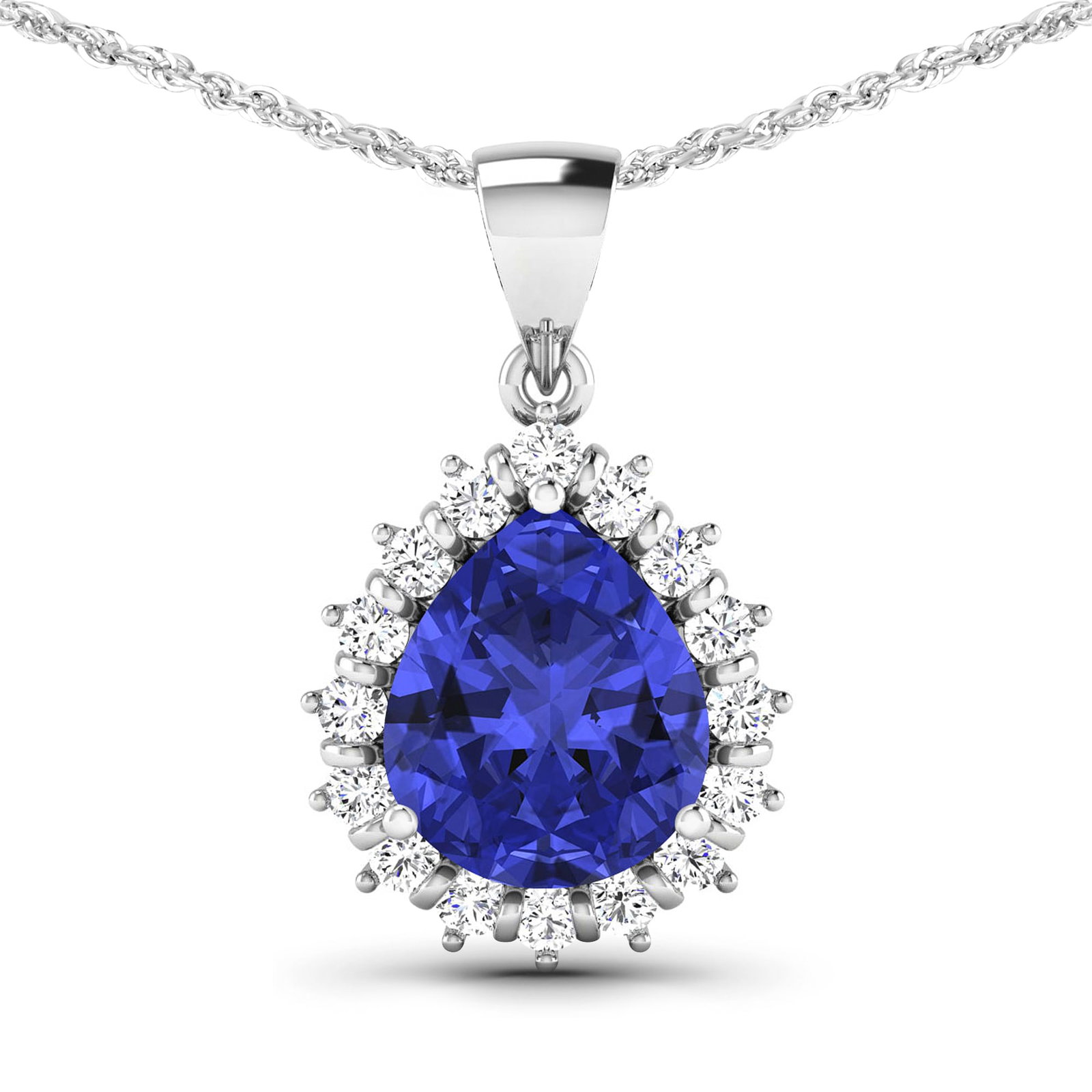 14KT White Gold 3.25ctw Tanzanite and Diamond Pendant: Tanzanite (AA+) Pears 11x9mm - 1Pc + White Diamond F/C Round 2.00mm - 16Pcs ( Diamond Quality : SI-2/HI ) Total weight of gemstone is 3.25cts. Total Diamond weight is 0.48cts. Total weight of this pen