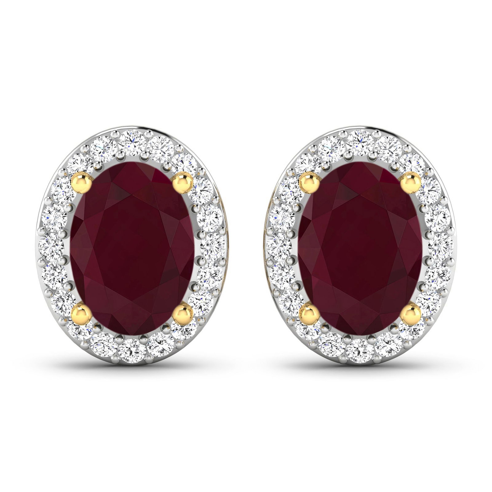 14KT Yellow Gold 1.7ctw Ruby and Diamond Earrings: Ruby (AA) Oval 7x5mm - 2Pcs + White Diamond F/C Round 1.10mm - 40Pcs ( White Pan Rhodium ) (I1-I2/I color) ( Push Post ) Total weight of gemstones is 1.7cts. Total Diamond weight is 0.26cts. Total wei