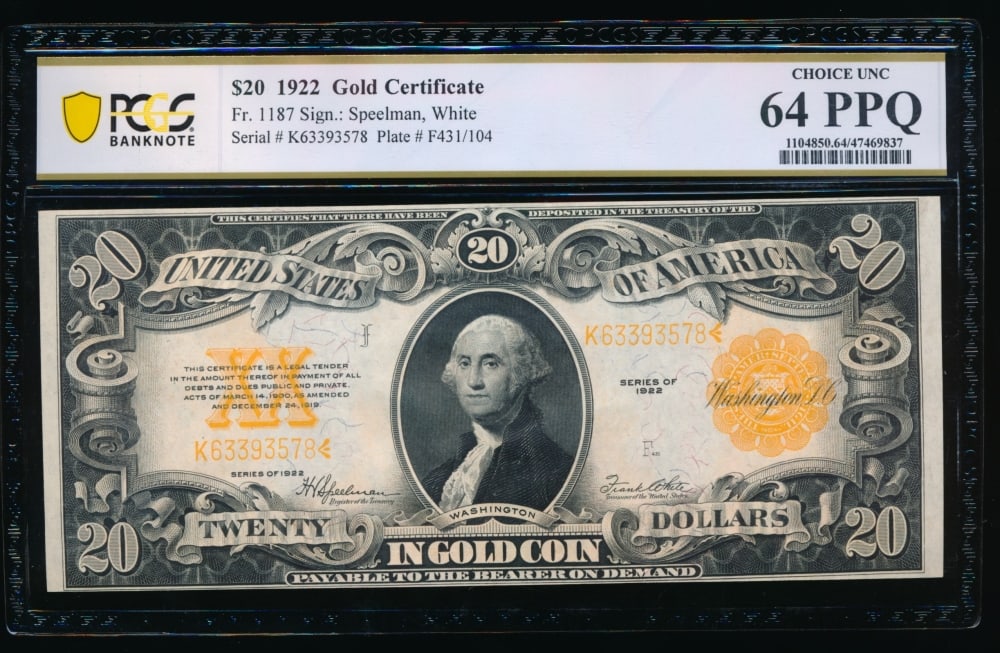 1922 $20 Gold Certificate PCGS 64PPQ: One 1922 $20 Gold Certificate PCGS 64PPQ.