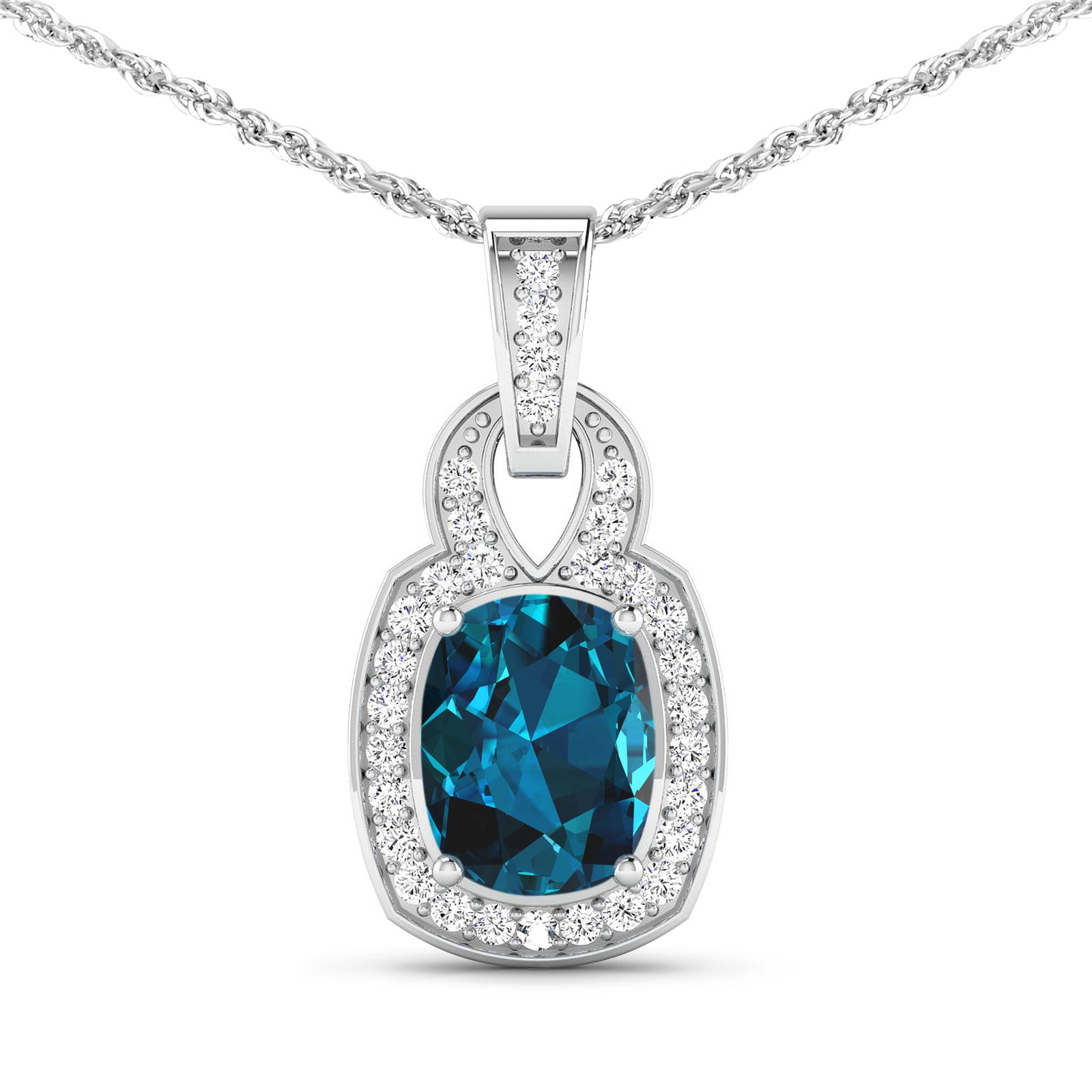 14KT White Gold 1.95ctw London Blue Topaz and Diamond Pendant: London Blue Topaz Cushion 9x7mm - 1Pc + White Diamond F/C Round 1.20mm - 31Pcs (SI2/HI color) Total weight of gemstone is 1.95cts. Total Diamond weight is 0.25cts. Total weight of this pendant is 2.1