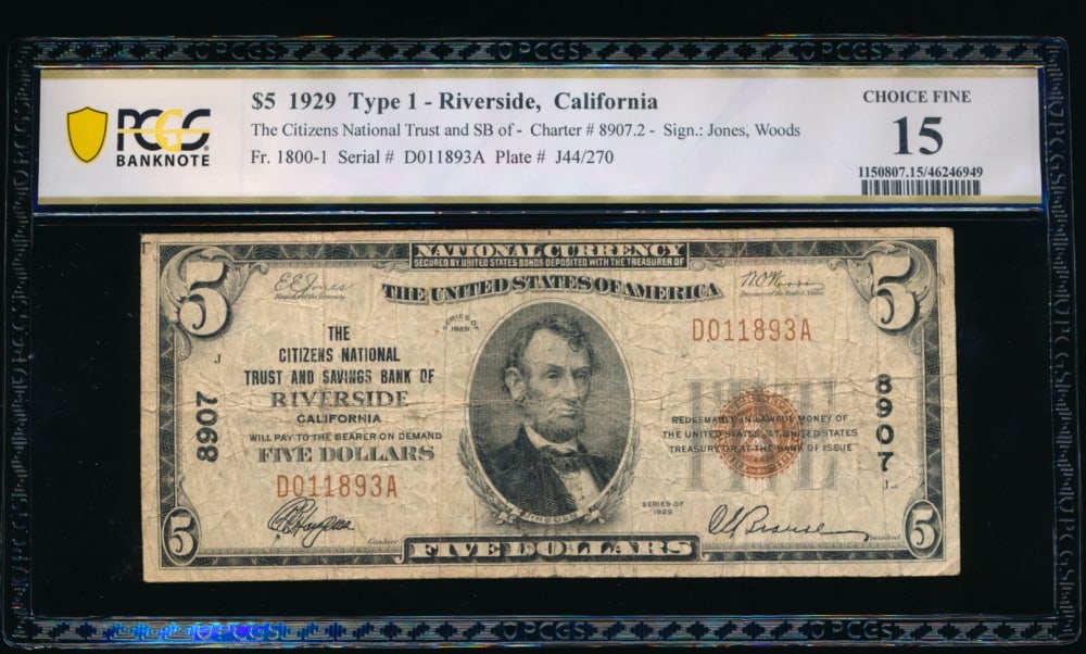 1929 $5 Riverside CA National PCGS 15: One 1929 $5 Riverside CA National PCGS 15.