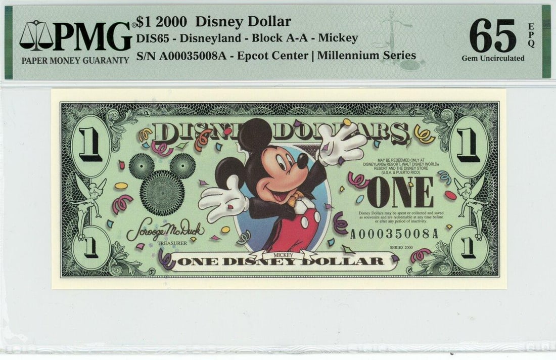 2000 $1 Mickey Disney Dollar PMG 65EPQ: One 2000 $1 Mickey Disney Dollar PMG 65EPQ.