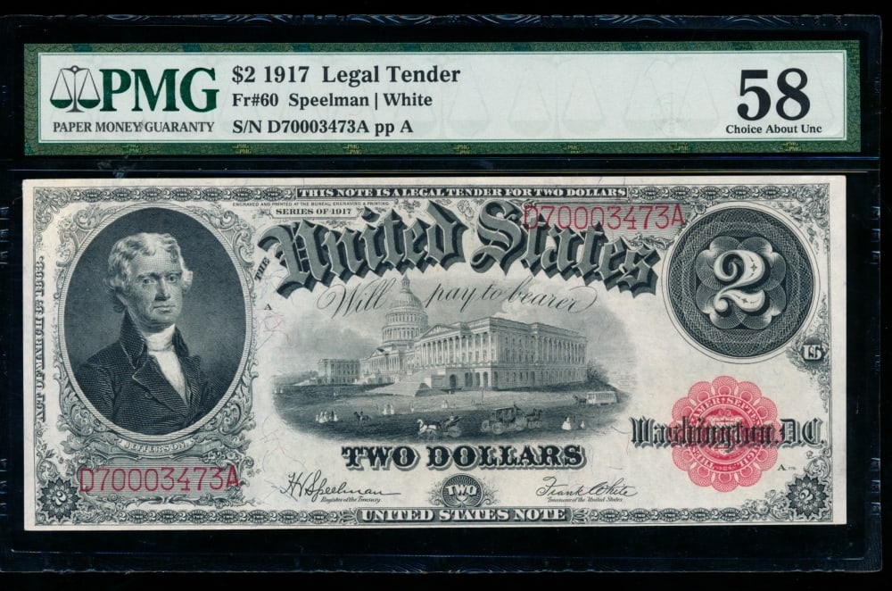 1917 $2 Legal Tender Note PMG 58: One 1917 $2 Legal Tender Note PMG 58.