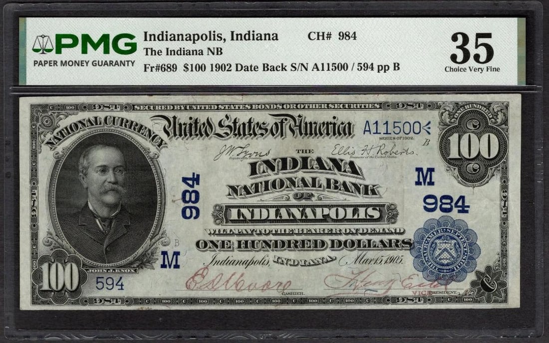 1902 $100 Indianapolis IN National PMG 35: One 1902 $100 Indianapolis IN National PMG 35.