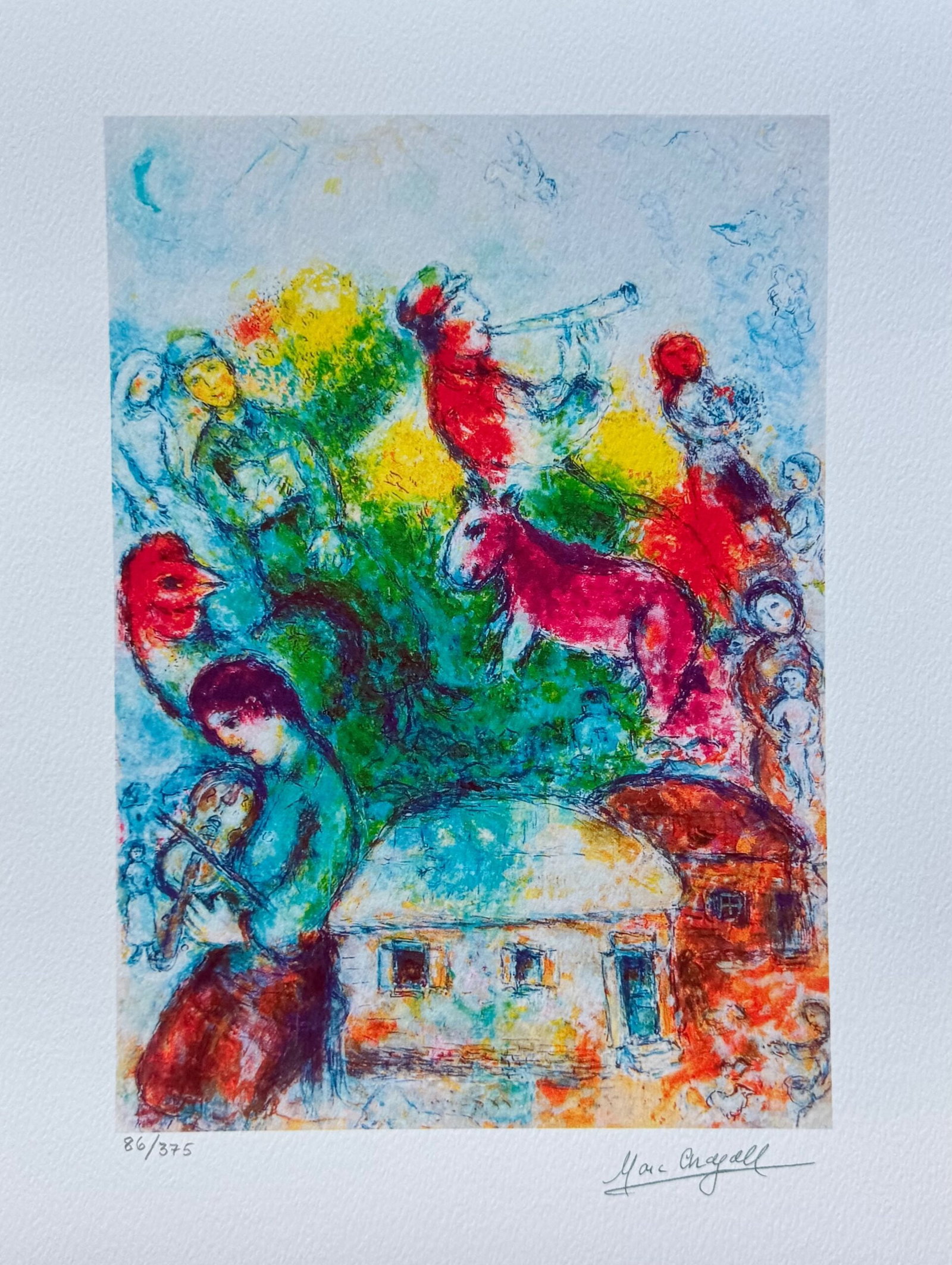 Marc Chagall SHOFAR Facsimile Signed Limited Edition Giclee: This is a Marc Chagall limited edition small giclee titled SHOFAR. This giclee is facsimile signed on the lower right and is pencil numbered on the lower left from an edition of 375. Paper measures 16