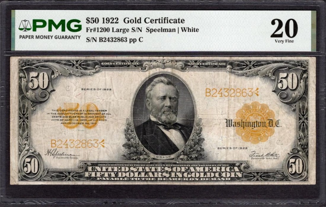 1922 $50 Gold Certificate PMG 20: One 1922 $50 Gold Certificate PMG 20.