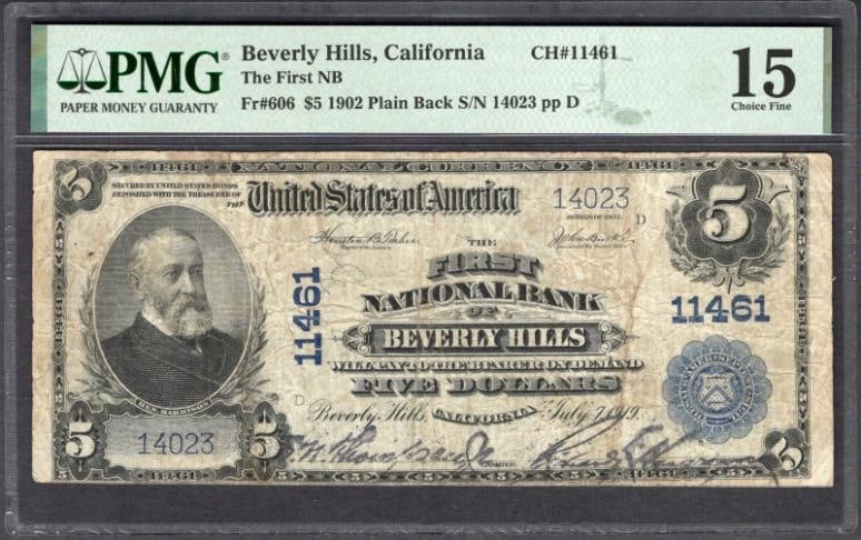 1902 $5 Beverly Hills CA National PMG 15: One 1902 $5 Beverly Hills CA National PMG 15.