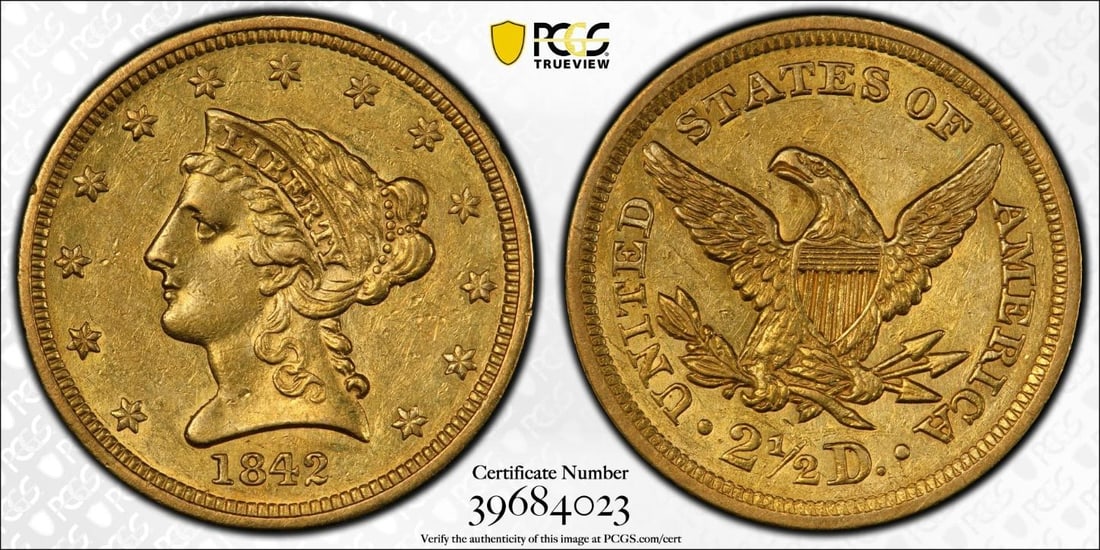 1842 $2.5 Liberty Head Quarter Eagle PCGS AU55: One 1842 $2.5 Liberty Head Quarter Eagle PCGS AU55.