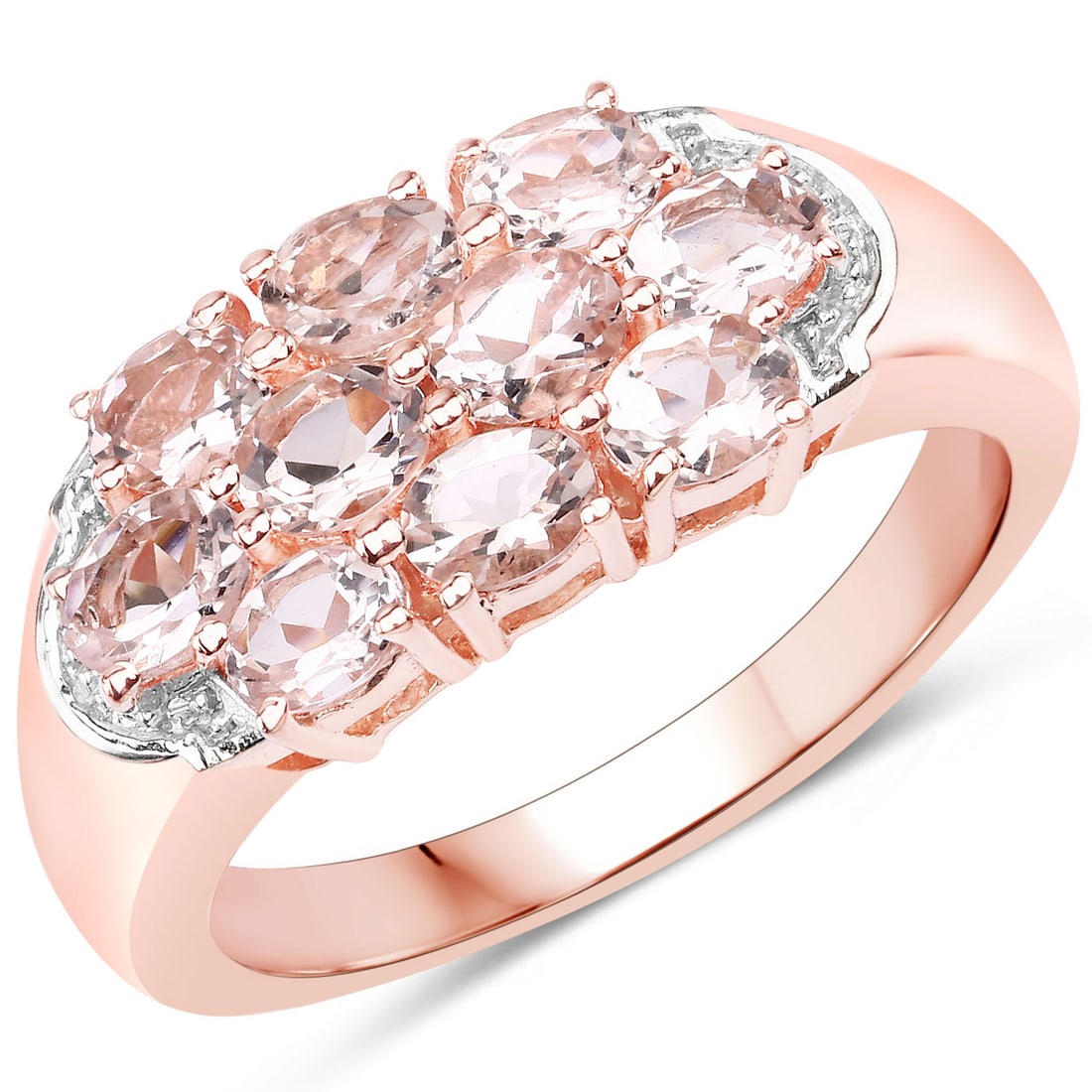 Plated 18KT Rose Gold 1.50ctw Morganite Ring: This 18K rose gold?plated .925 sterling silver cluster ring features 1.50 ctw of natural morganite, showcasing ten 4?3 mm oval stones arranged in a soft pink, high?sparkle floral cluster. With a 4.1?g