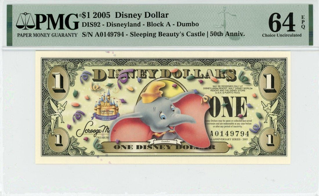 2005 $1 Dumbo Disney Dollar PMG 64EPQ: One 2005 $1 Dumbo Disney Dollar PMG 64EPQ.
