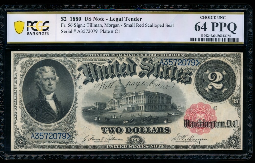 1880 $2 Legal Tender Note PCGS 64PPQ: One 1880 $2 Legal Tender Note PCGS 64PPQ.