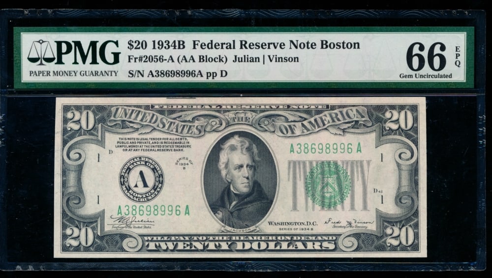 1934B $20 Boston FRN PMG 66EPQ: One 1934B $20 Boston FRN PMG 66EPQ.