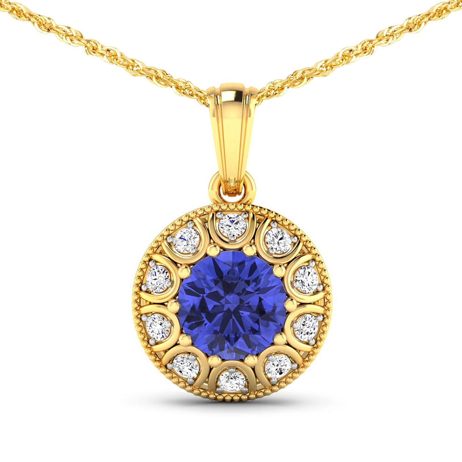 14KT Yellow Gold 2.02ctw Tanzanite and Diamond Pendant: Tanzanite (AA+) Round 8.00mm - 1Pc + White Diamond F/C Round 2.00mm - 10Pcs ( White Pan Rhodium ) ( SI-2/HI ) Total weight of gemstone is 2.02cts. Total Diamond weight is 0.3cts. Total weight of this 