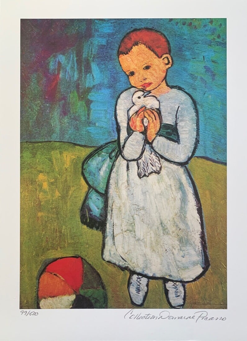 Pablo Picasso CHILD WITH DOVE Estate Signed Limited Edition Giclee: This is a PABLO PICASSO (ESTATE COLLECTION DOMAINE) (1881-1973) small giclee titled CHILD WITH DOVE. This piece is pencil signed on the lower right as Collection Domaine Picasso and has an embossed se