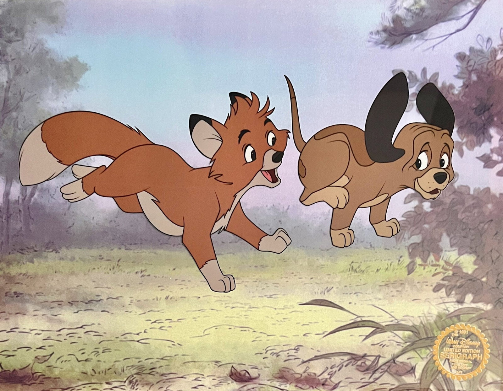 Disney FOX AND THE HOUND Sericel Animation Art Cel: This is a Limited Edition Serigraph Cel of Todd and Copper. From 1981 Walt Disney Studios ? The Fox and the Hound. Disneys own artists have selected this scene from the original animation drawings use