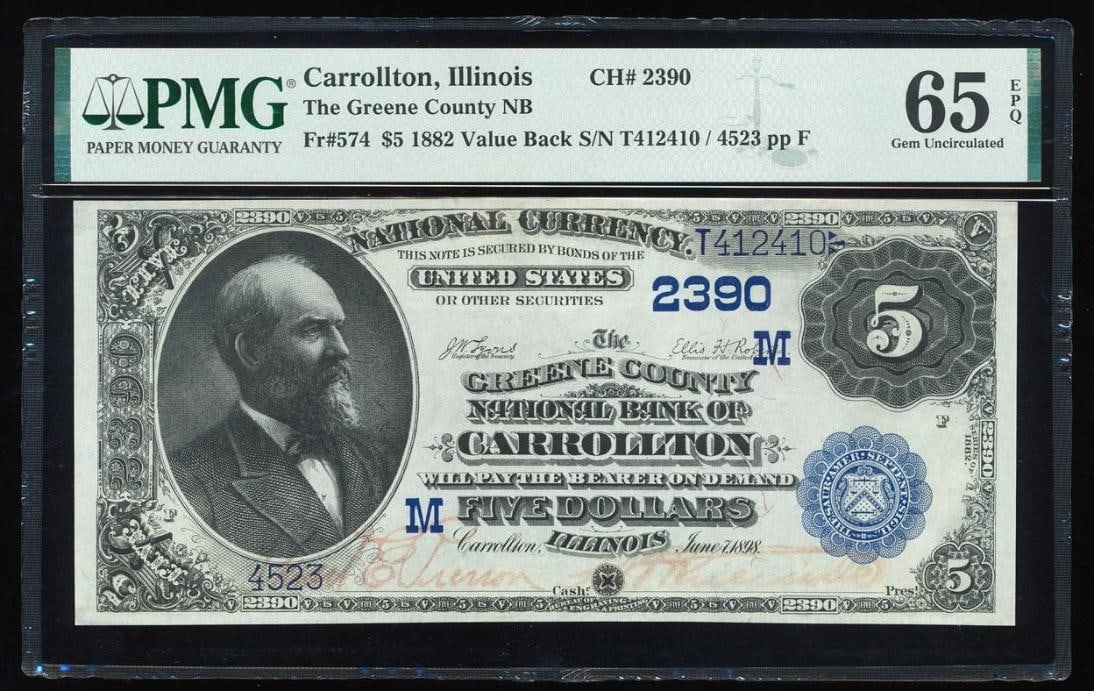 1882 $5 Carrollton IL National PMG 65EPQ: One 1882 $5 Carrollton IL National PMG 65EPQ.