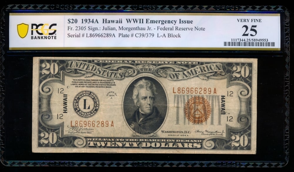 1934A $20 Hawaii FRN PCGS 25: One 1934A $20 Hawaii FRN PCGS 25.
