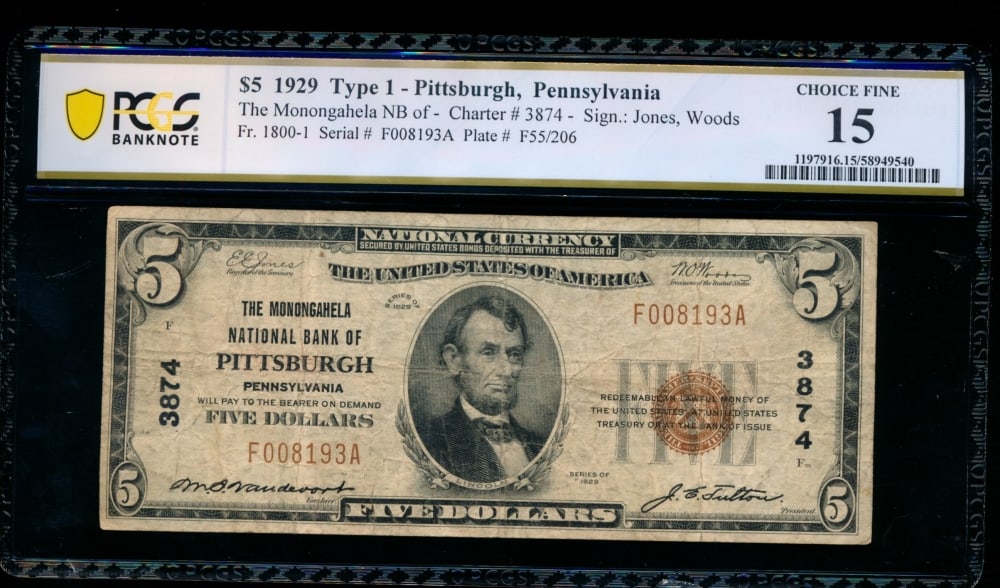 1929 $5 Pittsburgh PA National PCGS 15: One 1929 $5 Pittsburgh PA National PCGS 15.