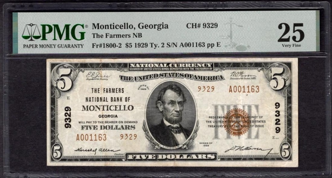 1929 $5 Monticello GA National PMG 25 (1 of 2)