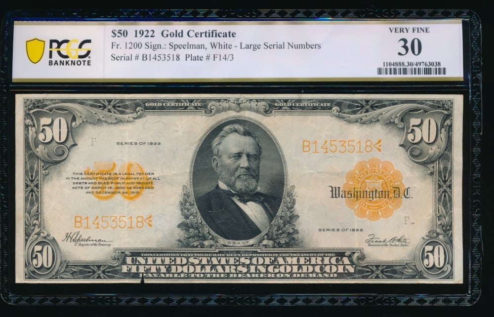1922 $50 Gold Certificate PCGS 30: One 1922 $50 Gold Certificate PCGS 30.