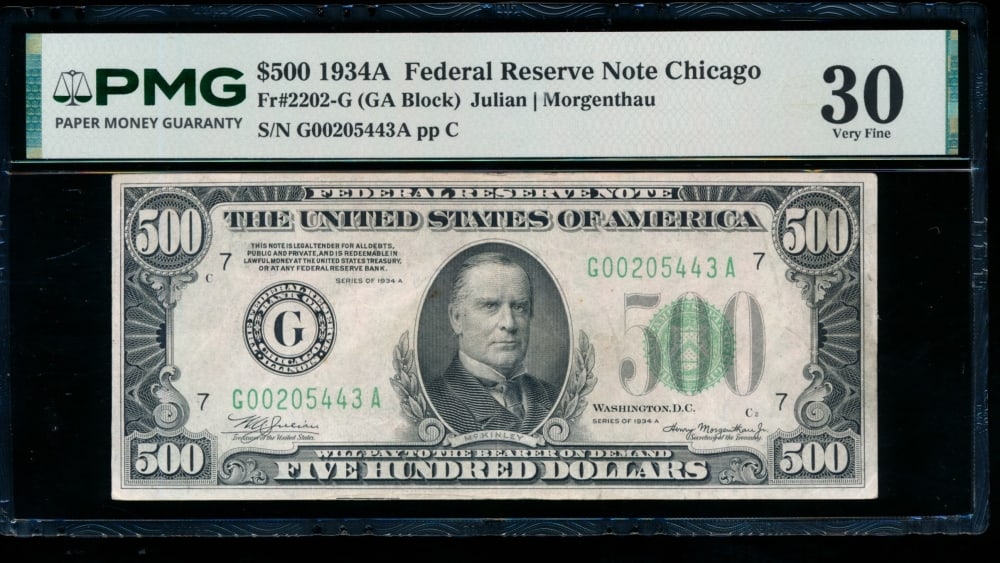 1934A $500 Chicago FRN PMG 30: One 1934A $500 Chicago FRN PMG 30.