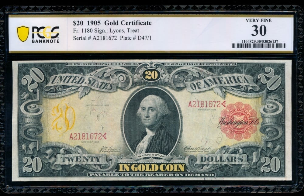1905 $20 Technicolor Gold Certificate PCGS 30: One 1905 $20 Technicolor Gold Certificate PCGS 30.