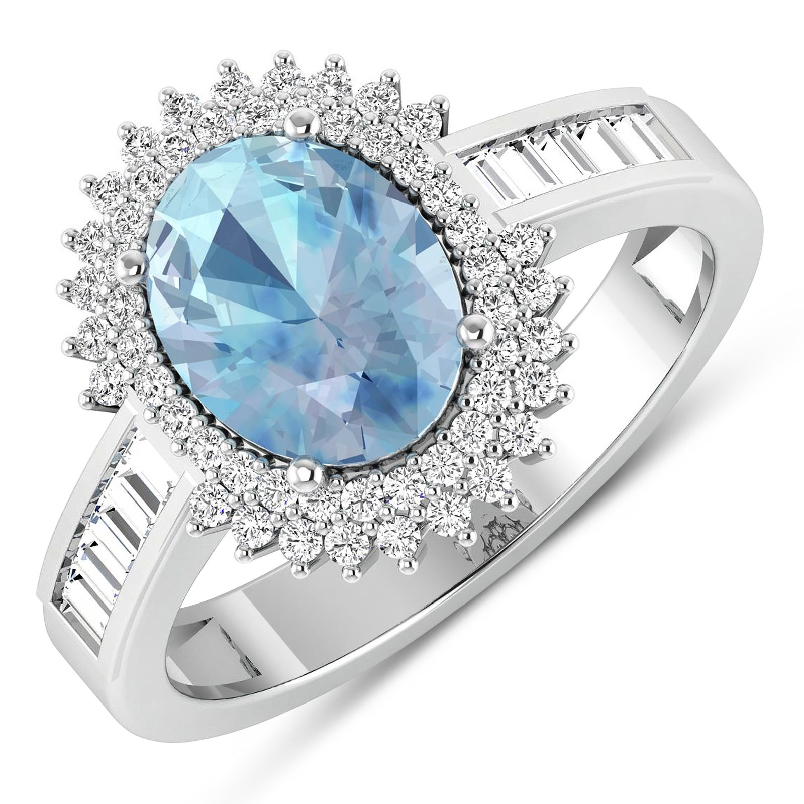 14KT White Gold 1.28ctw Aquamarine and Diamond Ring: Aquamarine (AA+) Oval 9x7mm - 1Pc + White Diamond Baguette 2.00x1.50mm - 10Pcs + White Diamond F/C Round 1.00mm - 52Pcs ( SI-2/HI ) Total weight of gemstone is 1.28cts. Total Diamond weight is