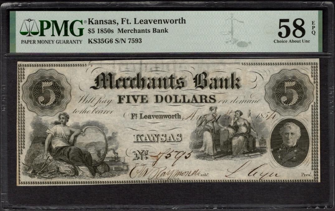 1854 $5 Ft Leavenworth KS PMG 58EPQ (1 of 2)