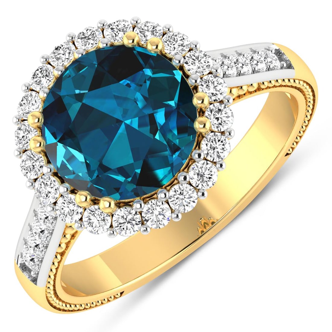 14KT Yellow Gold 2.9ctw London Blue Topaz and Diamond Ring: London Blue Topaz Round 9.00mm - 1Pc + White Diamond F/C Round 1.90mm - 4Pcs + White Diamond F/C Round 1.60mm - 16Pcs + White Diamond F/C Round 1.40mm - 10Pcs ( White Pan Rhodium ) ( SI-2/HI ) Total w