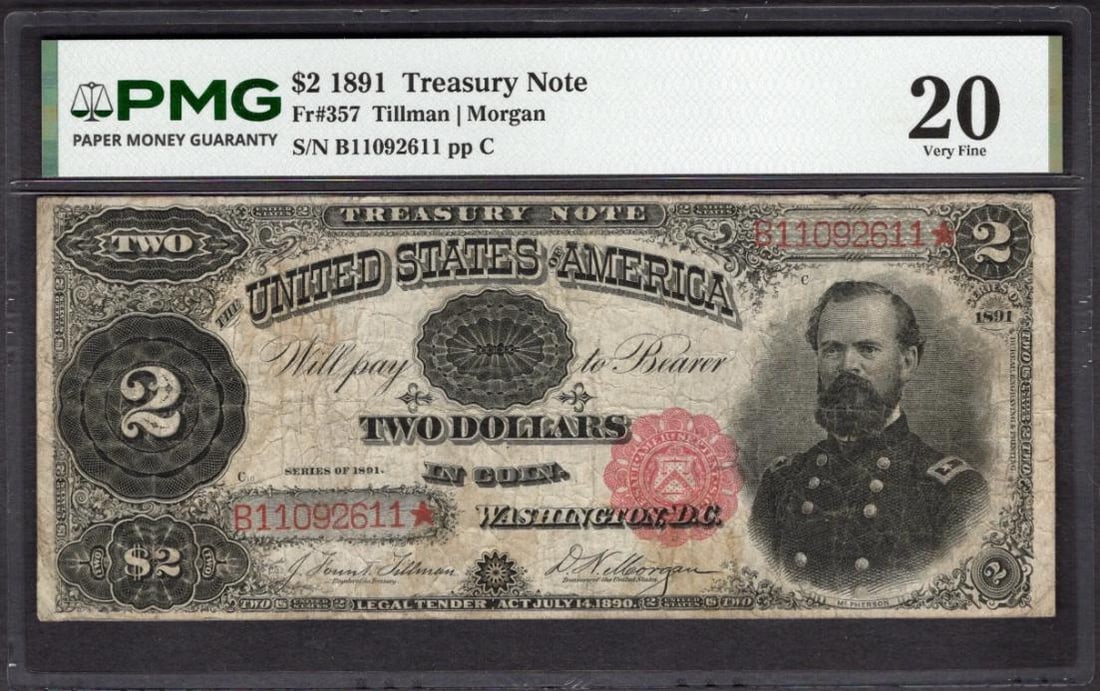 1891 $2 Treasury Note PMG 20: One 1891 $2 Treasury Note PMG 20.