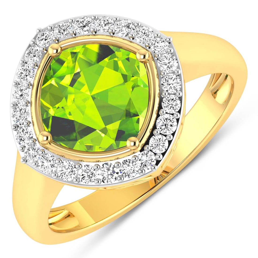 14KT Yellow Gold 2.02ctw Peridot and Diamond Ring: Peridot Cushion 8.00mm - 1Pc + White Diamond F/C Round 1.30mm - 24Pcs ( White Pan Rhodium ) ( SI-2/HI ) Total weight of gemstone is 2.02cts. Total Diamond weight is 0.24cts. Total weight of this ring