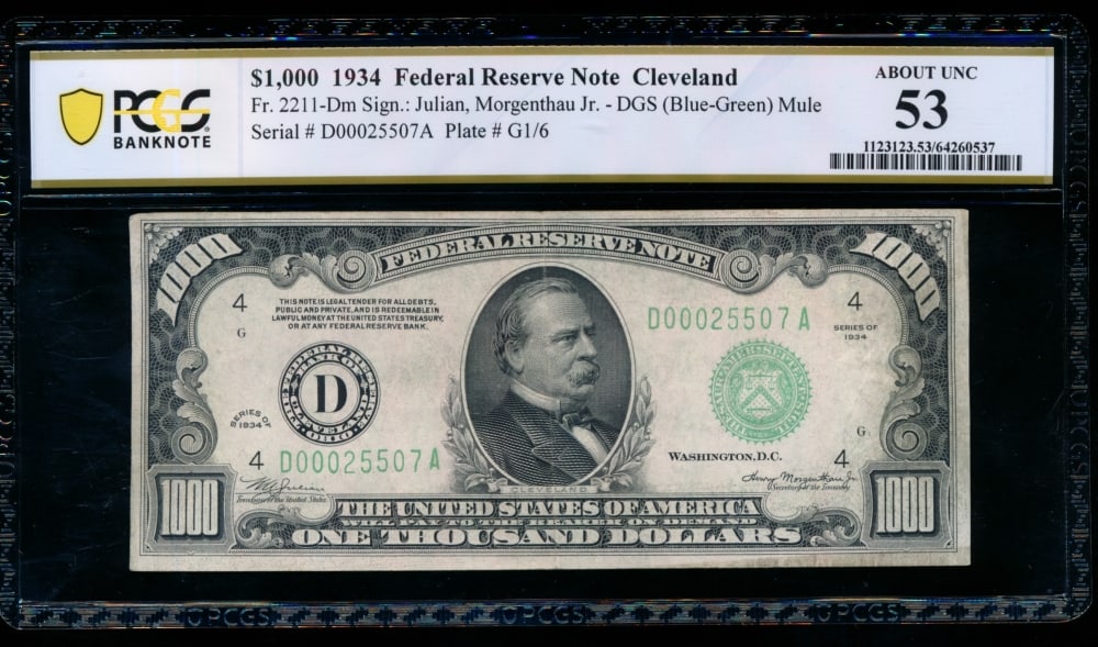 1934 $1000 Cleveland FRN PCGS 53: One 1934 $1000 Cleveland FRN PCGS 53.