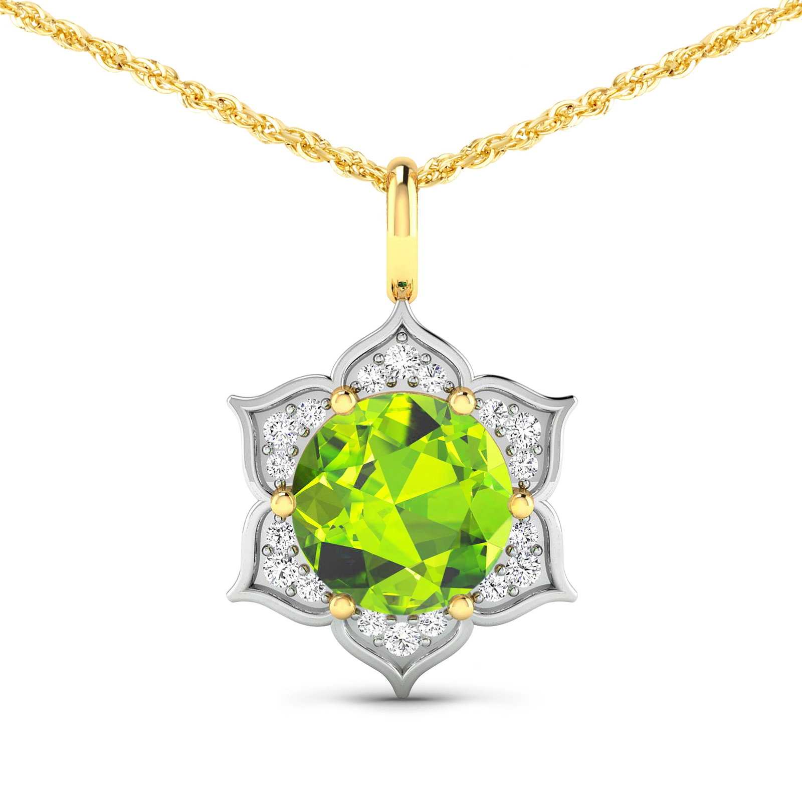 14KT Yellow Gold 1.85ctw Peridot and Diamond Pendant: Peridot Round 8.00mm - 1Pc + White Diamond F/C Round 1.30mm - 6Pcs + White Diamond F/C Round 1.10mm - 12Pcs ( White Pan Rhodium ) ( SI2/HI color ) Total weight of gemstone is 1.85cts. Total Diamond