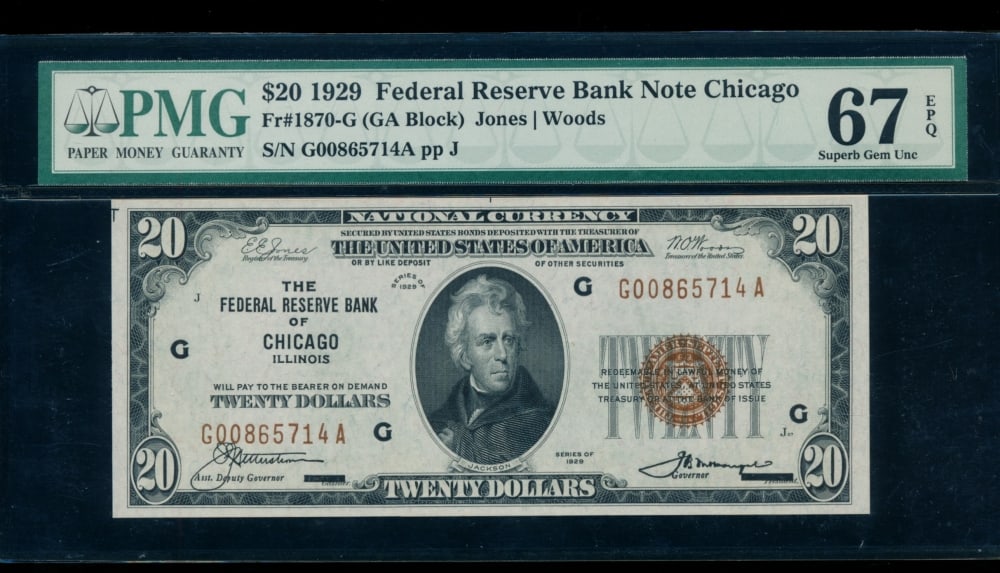 1929 $20 Chicago FRBN PMG 67EPQ: One 1929 $20 Chicago FRBN PMG 67EPQ.