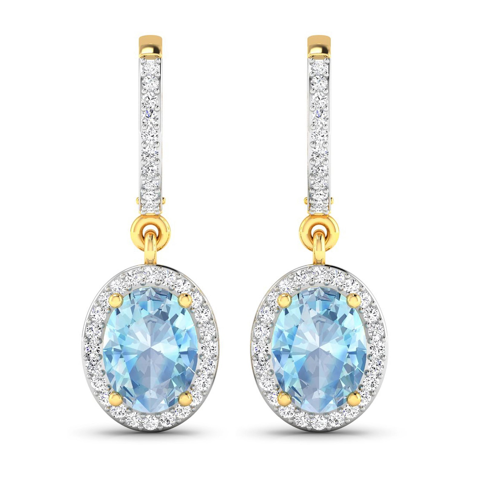 14KT Yellow Gold 1.92ctw Aquamarine and Diamond Earrings: Aquamarine (AA+) Oval 8x6mm - 2Pcs + White Diamond F/C Round 1.00mm - 70Pcs ( Clip On ) ( White Pan Rhodium ) ( I1-I2/I color ) Total weight of gemstones is 1.92cts. Total Diamond weight is 0.32cts. T