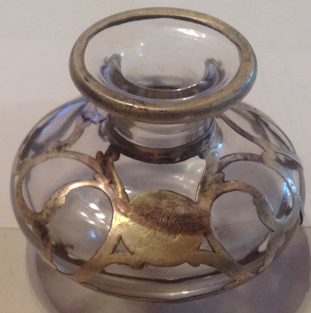Estate old Sterling silver wrapped glass ink well (1 of 5)