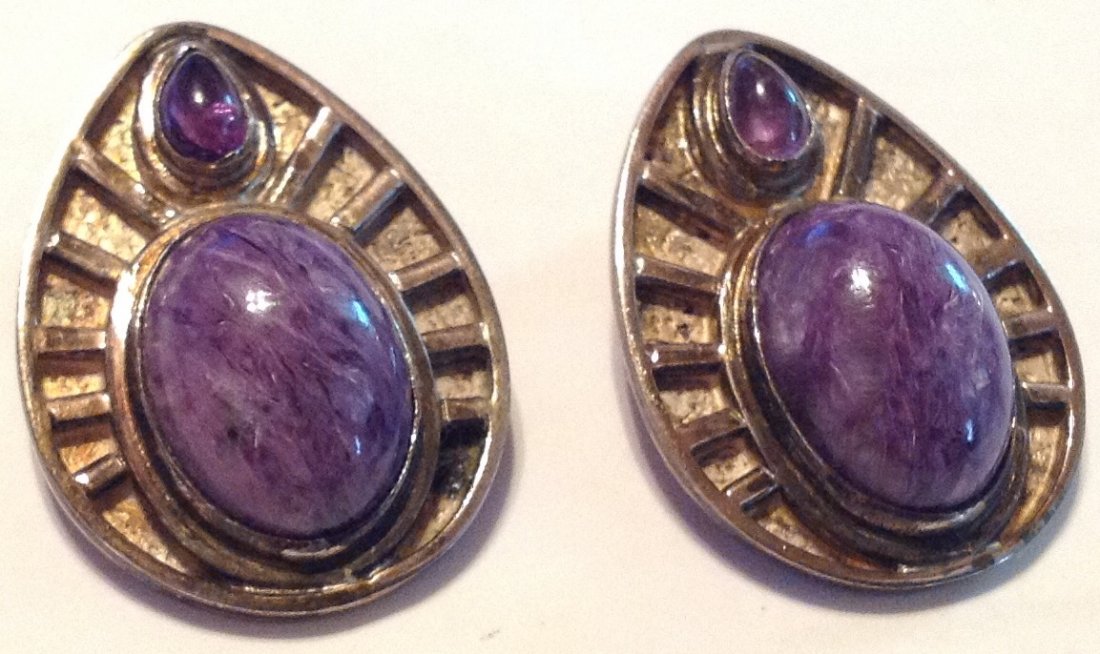 Estate vintage Sterling Sajen gemstone earrings. S.: Estate items. Marked. Sajen. Fine earrings. Amethyst & sodalite. 17.2 grams,