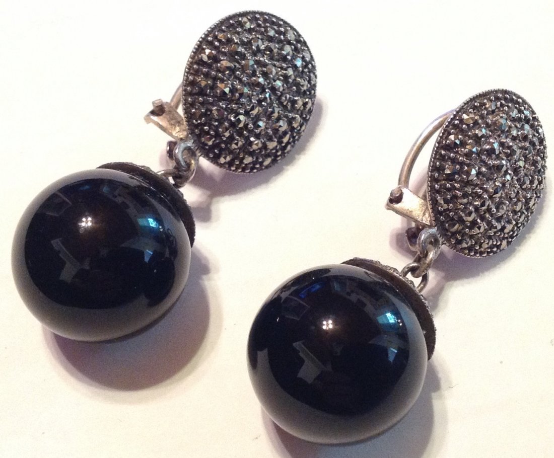 Estate vintage Sterling large onyx dangle earrings (1 of 4)