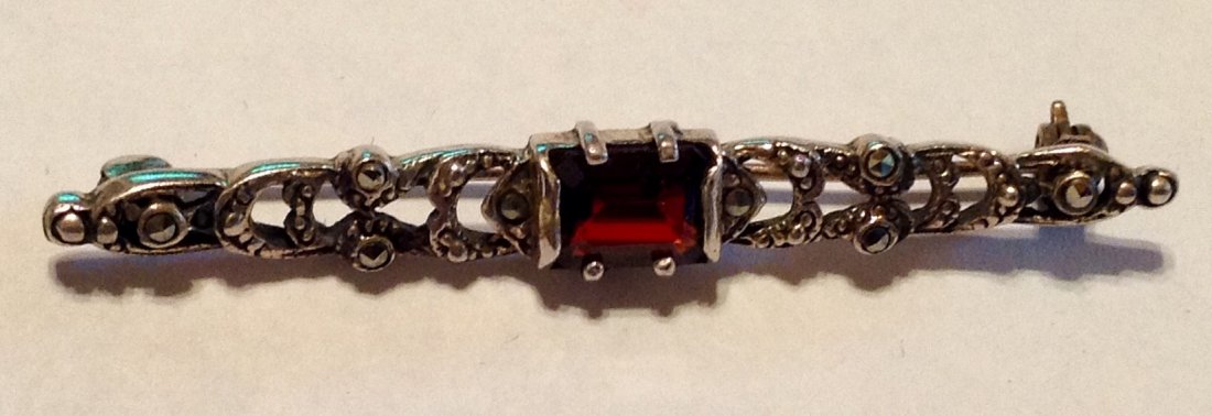 Antique Sterling silver garnet ornate bar pin brooch (1 of 5)