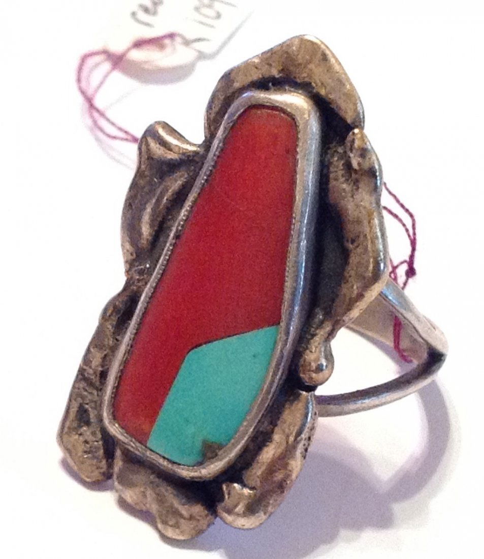 Native American Large Sterling turquoise coral ring (1 of 6)